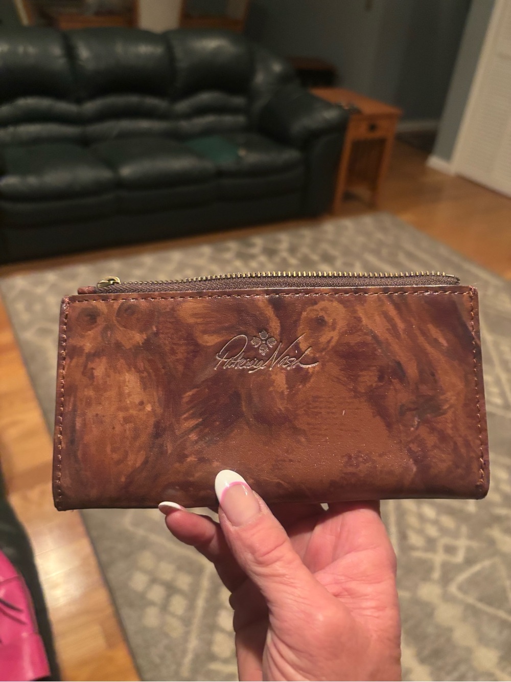 Patricia Nash Marbled Chestnut Brown Leather Zip Wallet
